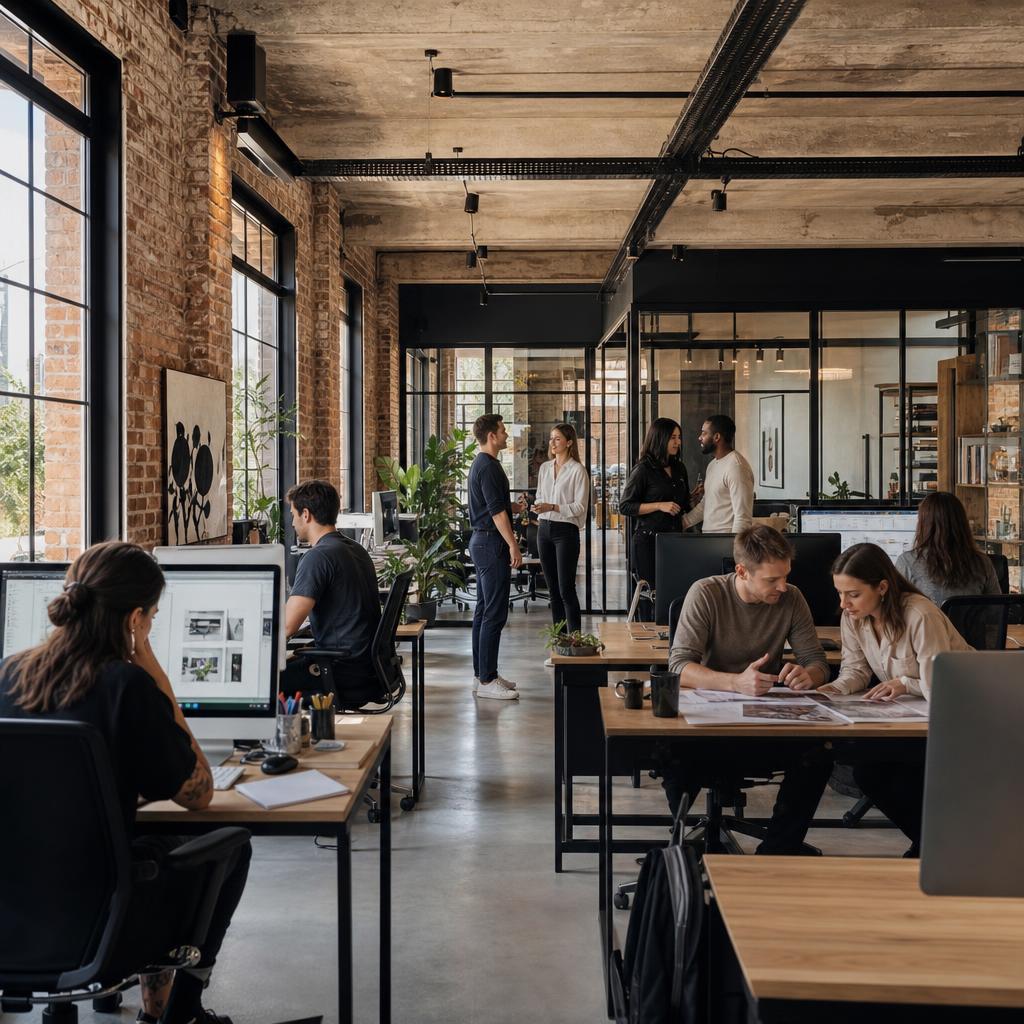 Sitely creative team working and collaborating in a bright industrial-chic studio